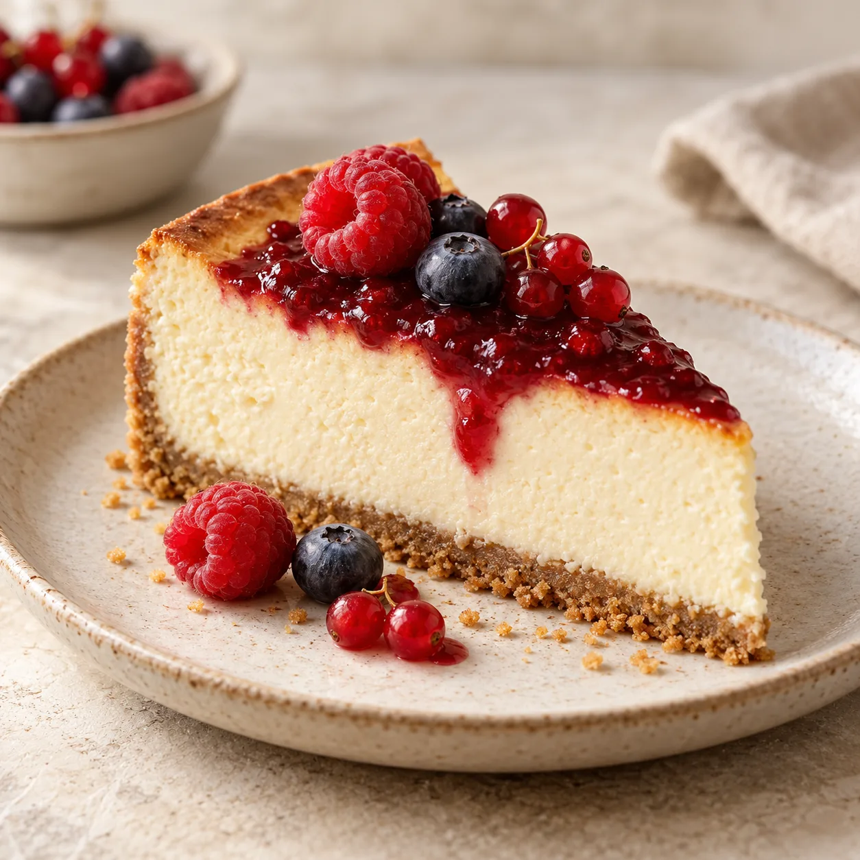 Cheesecake con frutos rojos frescos y compota