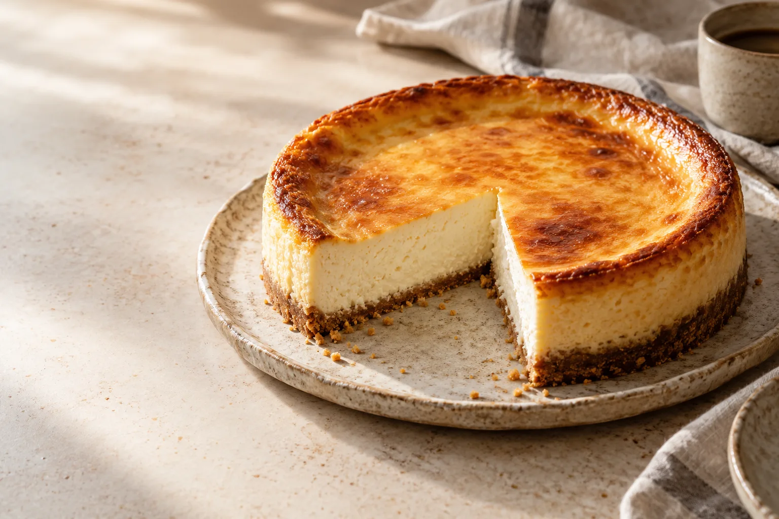 Cheesecake clásico con una rebanada servida en un plato de cerámica