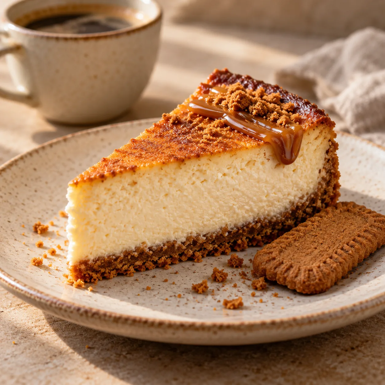 Cheesecake con base de galleta especiada y caramelo