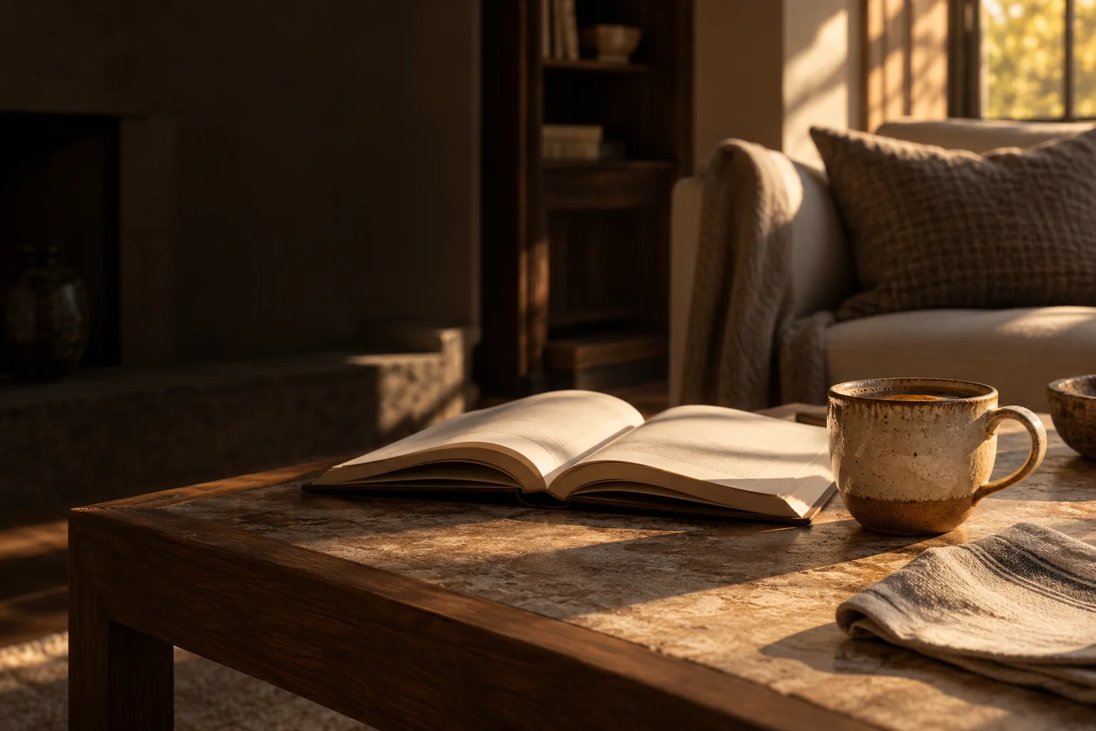 Un libro abierto y una taza de café bajo la luz cálida de la tarde